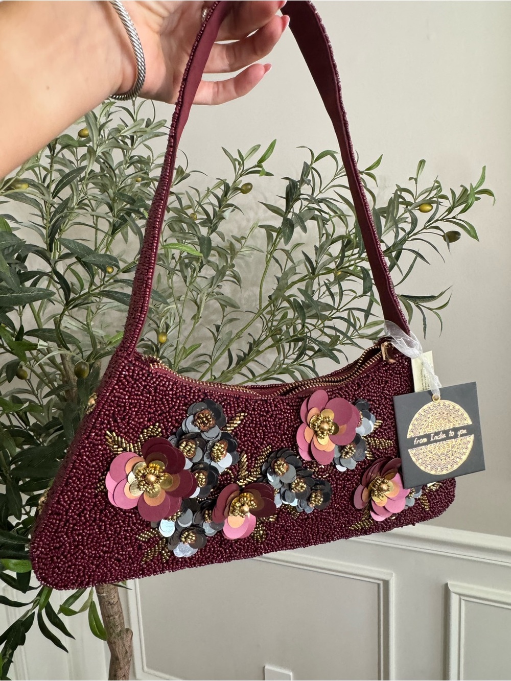 Made in India Maroon Beaded Shoulder Bag With Floral design